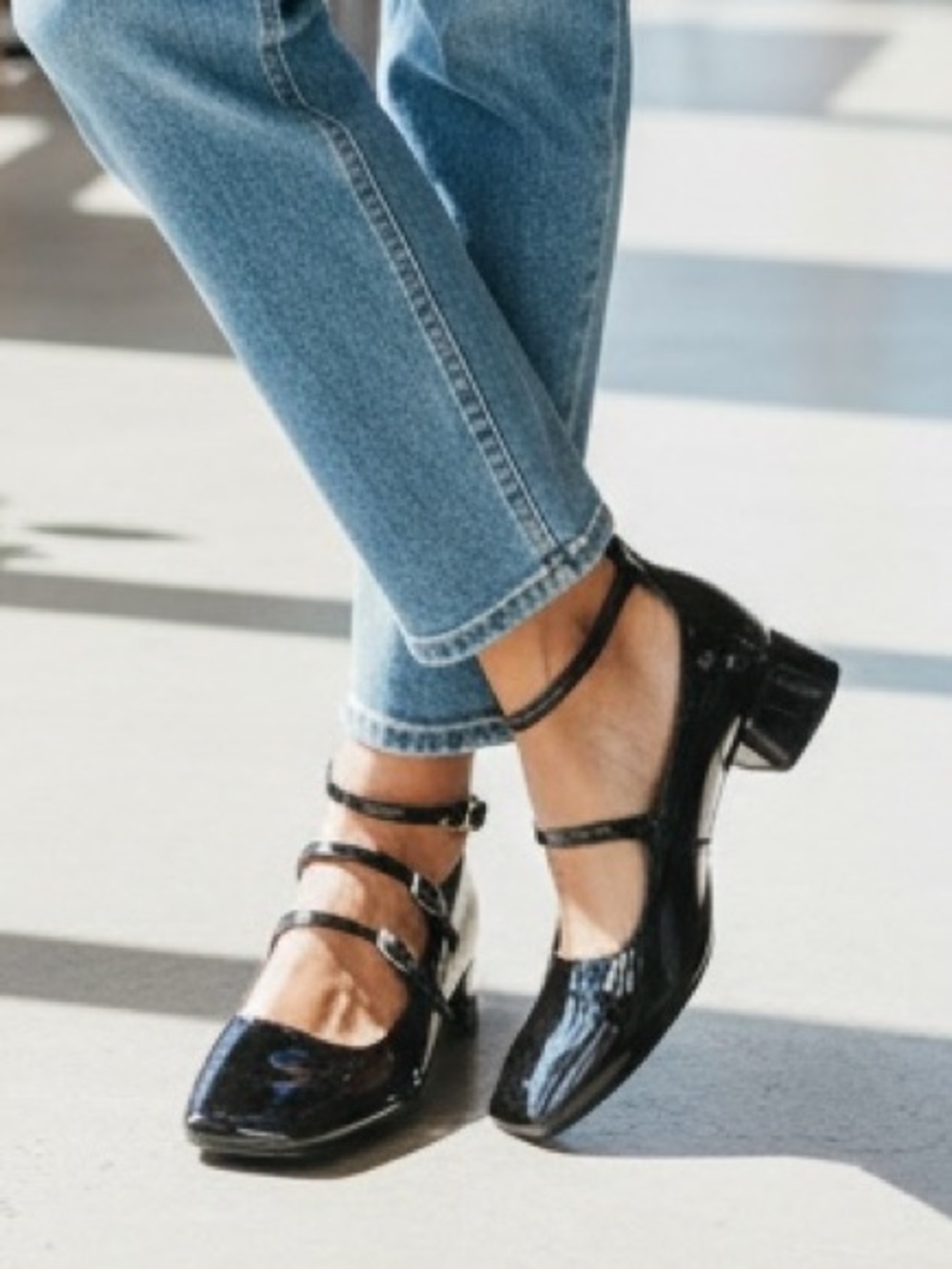 ZARA's Faux Patent Leather black Block Heel Strap Buckle Square Toe Shoes 36